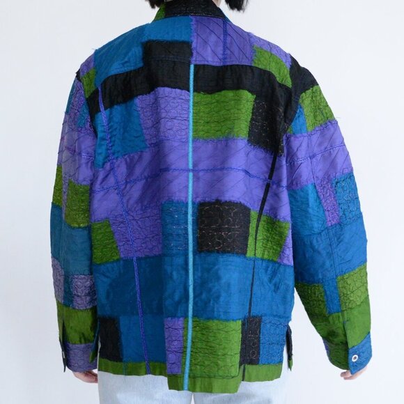 Vintage Easy Spirit Black Purple 100% Silk Patchwork Embroidery Button Jacket XL - Picture 3 of 10